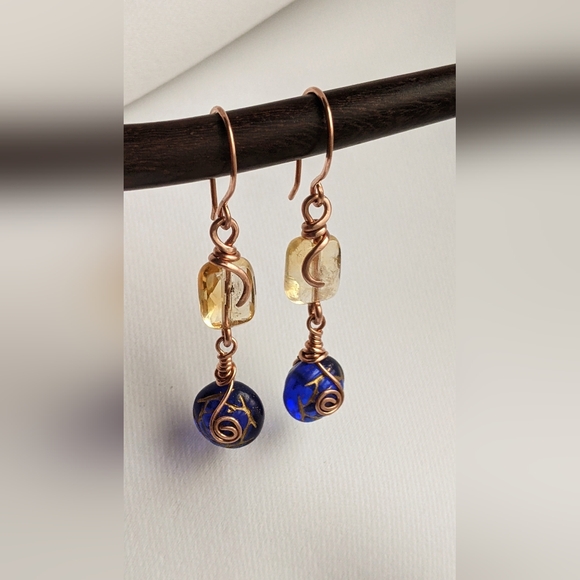 Artisan Citrine Gemstone Earrings Vintage Blue Glass Rose Beads - Picture 8 of 16